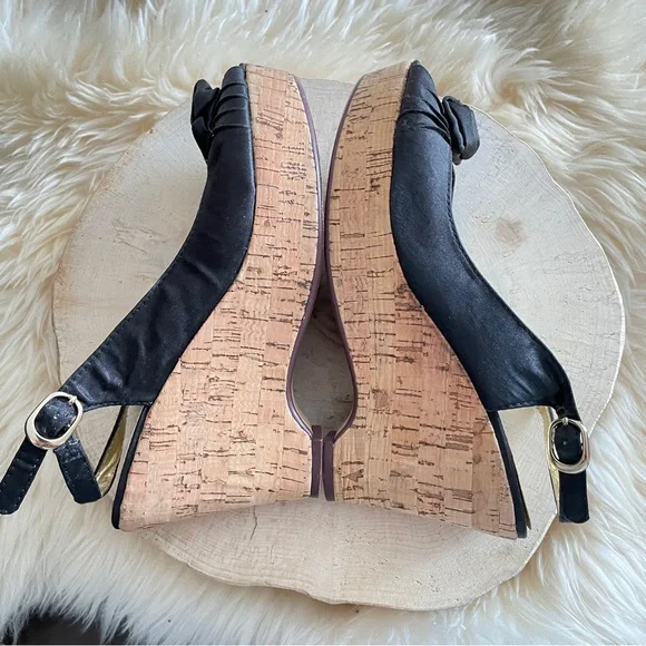 ROBERTO VIANNI Black Peep Toe Cork Wedge Slingback Sandals Women's Size 37 Y2K - Picture 2 of 6